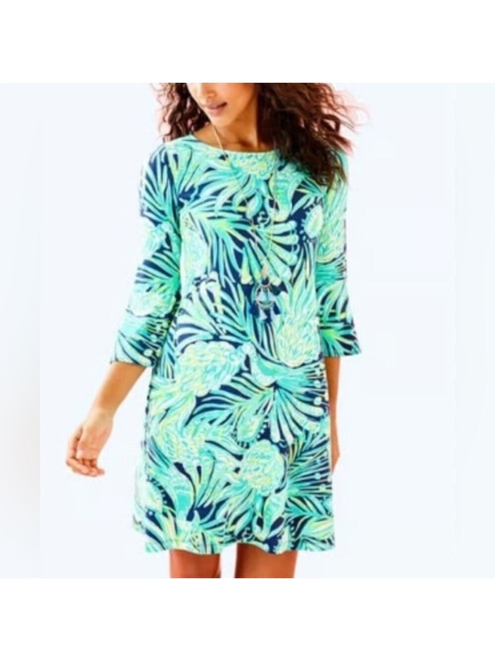 Lilly Pulitzer Ophelia Blue and Green Palm Print bell sleeve dress xxs